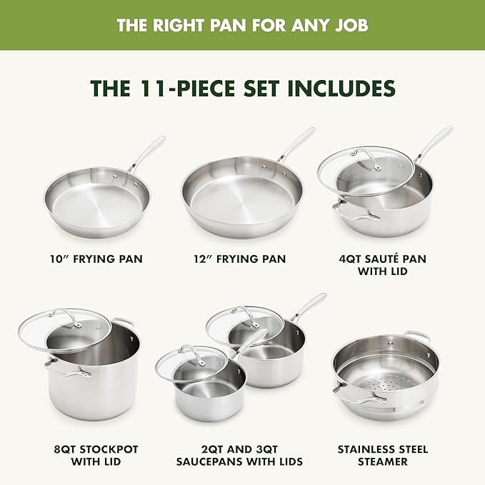 GreenPan Stainless Steel Cookware Set, 11 Piece, Induction Cookware, Dishwasher Safe, Oven Safe to 600F, Large 8QT Stock Pot, Sauce, Saute, Frying Pans, Pots & Pans Kitchen Essentials, Silver