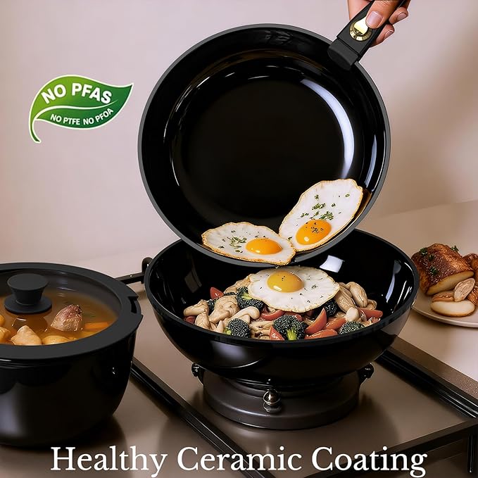 Pots and Pans Set Non Stick, Ceramic Cookware Set Detachable Handle, RV Camping Kitchen Cooking Set Removable Handles, Dishwasher/Oven/Fridge Safe, Induction, Space Saving，Black Gold