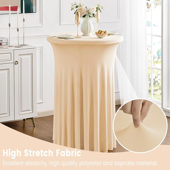 Qubjus 2 Pack Round Cocktail Table Covers with Skirt Stretch Spandex Tablecloth 24"x43" Cocktail Round Tablecloth for Party Wedding Birthday Banquet, Champagne
