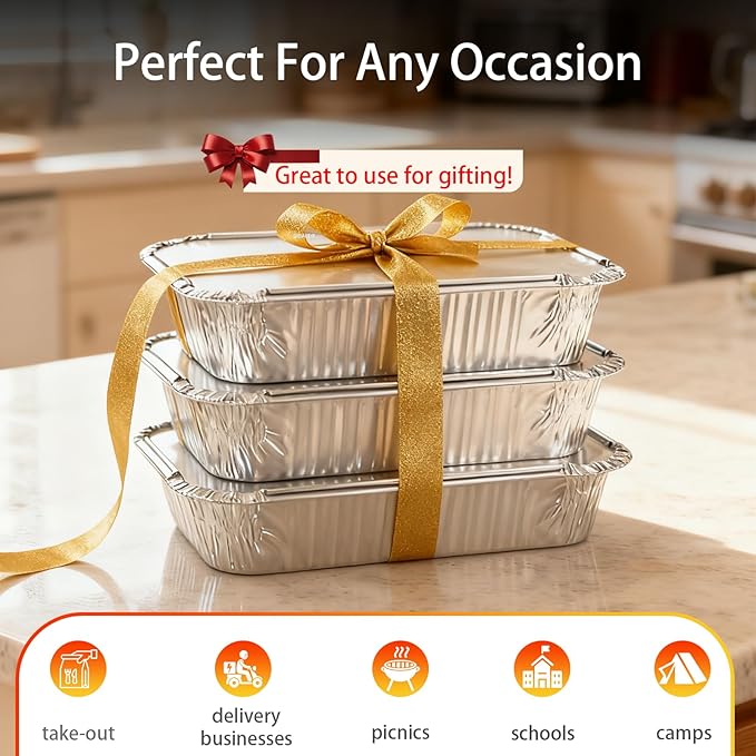 Aluminum Foil Pans with Lids - 2.25 LB Food Containers Disposable Tin Foil Meal Prep Containers with Lids, 50 Pans and 50 Cardboard Covers for Baking, Freezer & Food Storage, 8.5" X 6" (30 Pack)