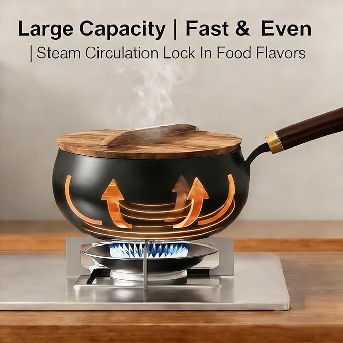 Pre-Seasoned Uncoated Carbon Steel Wok - 10.2 Inch Deep Hammered Hand-Forged Stir Fry Pan, Ready-to-Use Non-Stick Wok with Wooden Handle, Induction & Stovetop Compatible