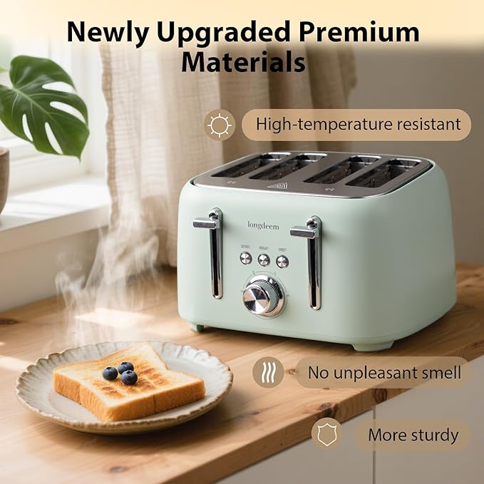 4-Slice Stainless Steel Toaster - 1.5" Extra Wide Slots, High Lift, 6 Browning Settings, Family Friendly,Breakfast Kitchen Appliance