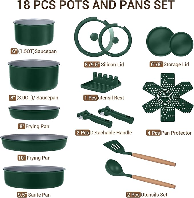 Ammeloo 18-Piece Ceramic Pots and Pans Set Non Stick, Non Toxic Cookware Set with Removable Handles, Pot Sets for Cooking, Induction Ready, Dishwasher & Oven Safe, PFAS PFOA & PTFE Free