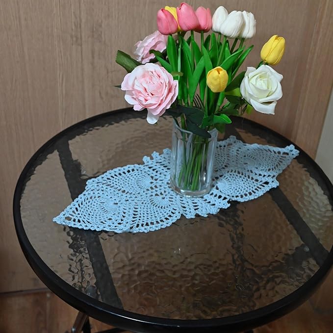 BIBITIME 7 in x 21 in Crochet Lace Table Doilies Eyes Flower Doily Kitchen Vase Place Mats (Light Blue,Pack of 1PC)
