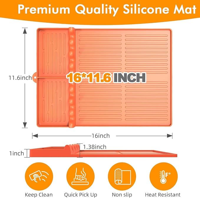Silicone Griddle Tool Mat Compatible with Blackstone Weber - Flat Top Grill Pellet Smoker Side Shelf Spatula Mat with Drip Pad - Gifts for Men BBQ Grilling Accessories(Orange-2Pcs)
