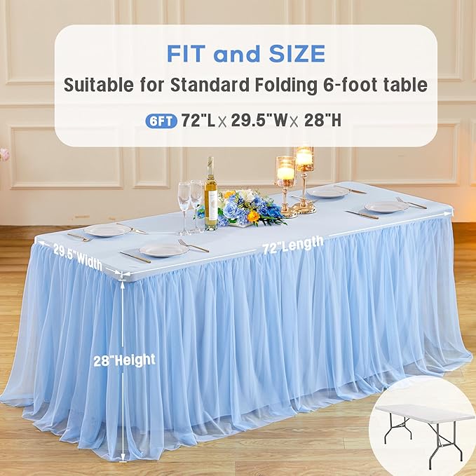 2 Pack 6ft Baby Blue Tulle Tablecloths for Rectangle Tables 72 x 30 Inch Rectangular Table Cloth Wrinkle Free Table Cover with Tutu Skirt for Baby Shower Birthday Party Banquet Buffet Cake Decorations