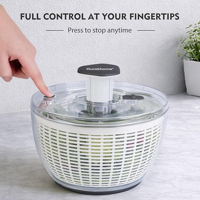 Ourokhome Salad Spinner Lettuce Dryer, One-handed Easy Press Large Vegetable Dryer Salad Mixer with Comfortable and Retractable Pusher and Brake Button for Greens, Herb, Berry, Fruits, 6.3 QT, Black