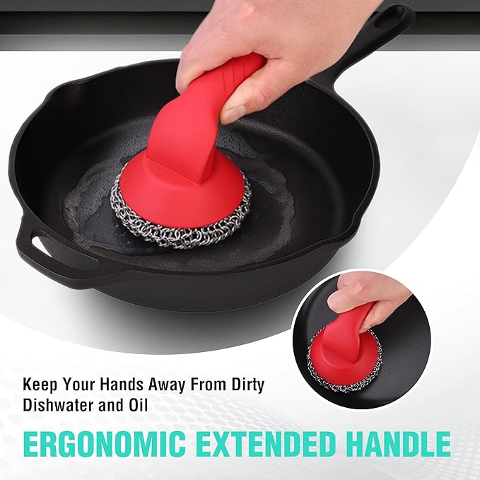 HAUSHOF Cast Iron Scrubber with Long Handle, Chainmail Scrubber Cast Iron Cleaner for Pan, Kitchen Cleaning Kit for Grill, Dutch, Oven