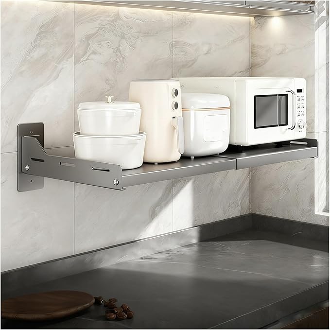 Under Cabinet Microwave Oven Mounted – Extendable Kitchen Microwave Oven Rack,Carbon Steel Adjustable Wall Shelf for Organizer (L 14-23.6In) Oven Shelf for Top of Stove for Kitchen Storage Rack(Gray)