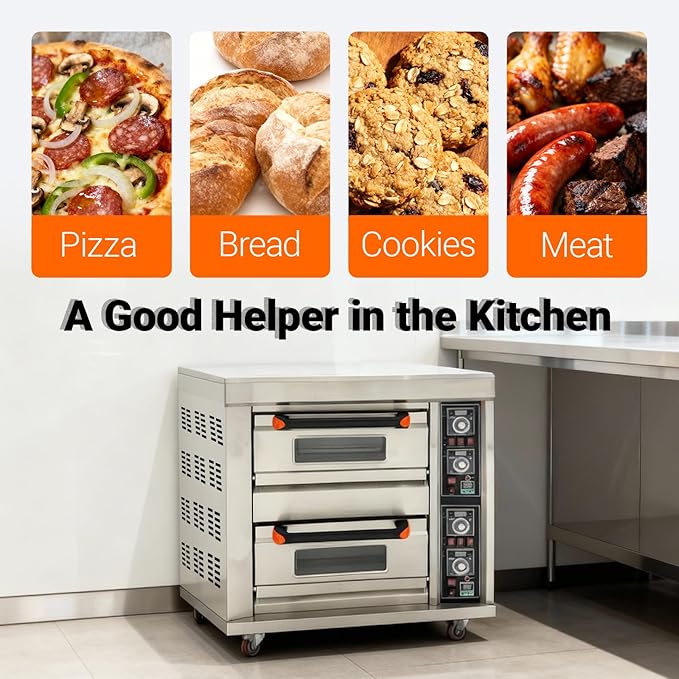 13.2KW Commercial Double Deck Oven Movable Stainless Steel Pizza Oven 20℃-400℃(68℉-752℉) Independent Temperature Control with 4 Baking Sheets For Commercial Baking 220V/3PH