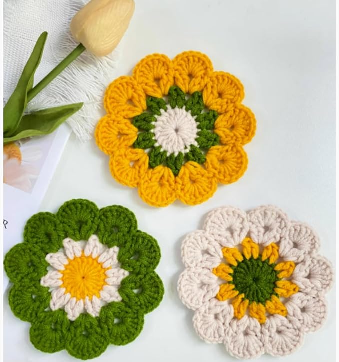 Handmade Crochet Coasters Cute Coasters Set of 3 Round Funny Gifts for Women or Girl, Soft Decorative Coaster Housewarming for New Home