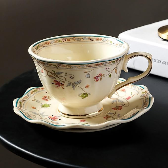 Golden Handle Ceramic Tea Cups and Saucers,Vintage flower Pattern Espresso Coffee Mug Set,Bone China Tea Cups about 8.45 oz/250 ml, Style02