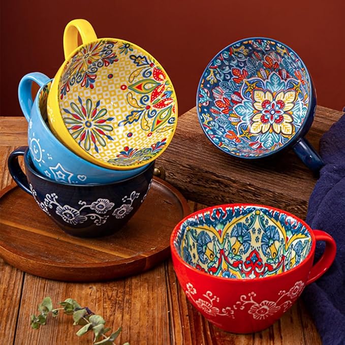 Red Ceramic Mug, Bohemian Hand-Painted, 15 Oz Large Coffee Cup for Milk, Tea, Breakfast, Dishwasher & Microwave Safe Cup