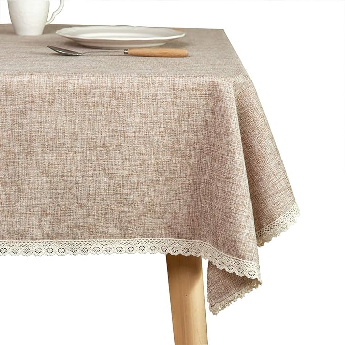 Linen Rustic Burlap Washable Tablecloth,Solid Heavy Weight Tan 55 x 70 Rectangle Overlay Lace Edge Table Cover for Kitchen Dinning Decoration