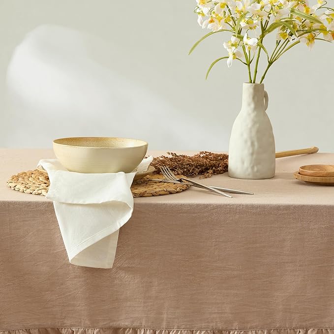 MONDAY MOOSE Ruffle Farmhouse Rustic Rectangle Natural Stonewashed Cotton Tablecloth for Kitchen, Dining Room, Restaurant (60x102 inch, Natural)