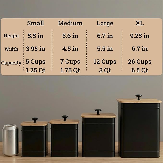Kitchen Canisters for Countertop Set of 4 with Customizable Chalkboard Labels & Marker Pen - Big Iron Kitchen Canisters with Airtight Lids - Black Canister Set - Flour and Sugar Containers Farmhouse