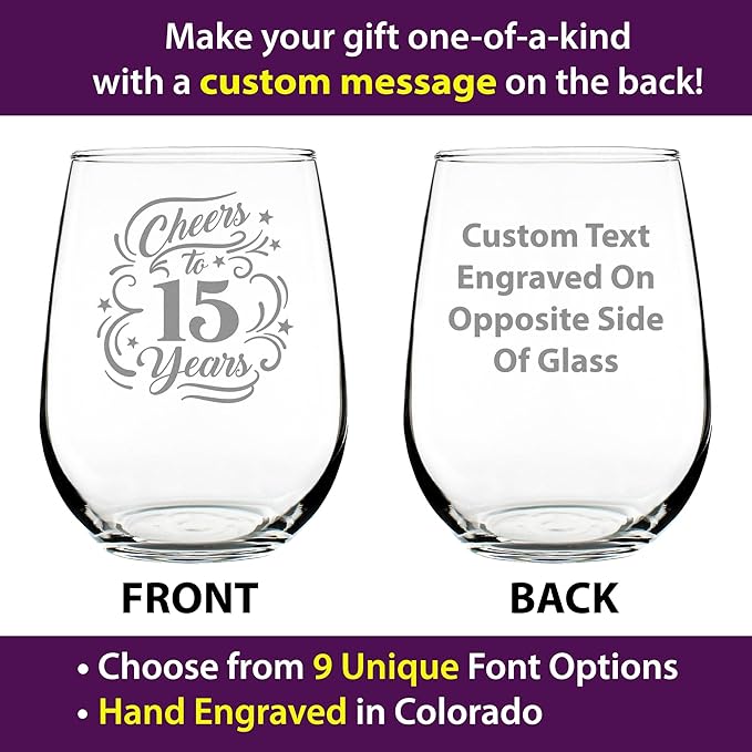 Custom Cheers to 15 Years - Stemless Wine Glass Gifts with Personalized Engraved Message - Gifts for 15th Anniversary Party Decor