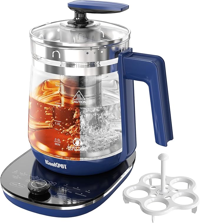 1200w Electric Kettle, 1.5L Borosilicate Glass tea kettle, Hot water kettle electric for Coffee or Tea, BPA Free, Auto Shut-Off, Stainless Steel, Fast Boil, Blue