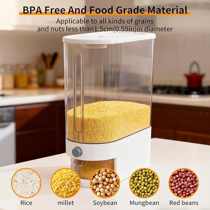 Rice Storage Container, Airtight Food Storage Bin with Dispenser, Moisture-Proof Cereal Container for Kitchen Organization, Space-Saving (22 Lbs)