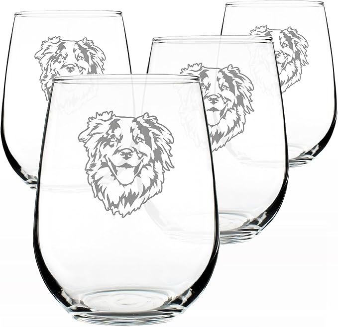 Australian Shepherd Face - Stemless Wine Glass - Unique Dog Themed Decor and Gifts for Lovers of Aussies - Set of 4 - Large 17 Ounce