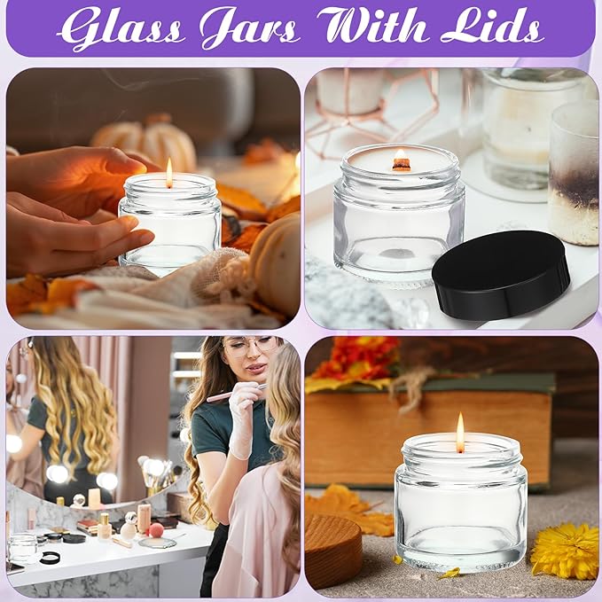 2 oz Glass Jars with Lids, Clear Candle Jars with Black Lids Round Empty Candles Container Tins for Candle Making Storing Lotions Spice Powder Liquid Sample Makeup (24, Clear)