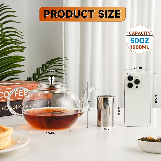 50OZ/1500ML Glass Teapot with Stainless Steel Removable Infuser & Lid, Stovetop & Microwave Safe Clear Borosilicate Glass Tea Maker Water Kettle for Loose Leaf Blooming Tea