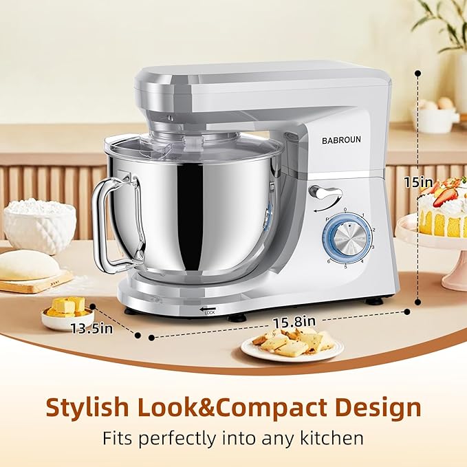 Dough Mixer 8.45 QT Electric Mixer - 660W 6 Speed Large Capacity Kitchen Stand Mixer with Whisk Dough Hook Mixing Beater Household Food Mixer for Baking Cakes Cookie Bread Salad(Silver)