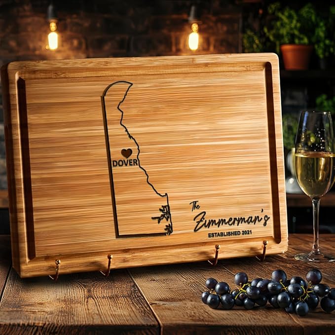 Delaware Gifts Cutting Board, Personalized Wood New Home Gift, Housewarming Destination Engraved Gifts, State Shaped Bamboo Gifts