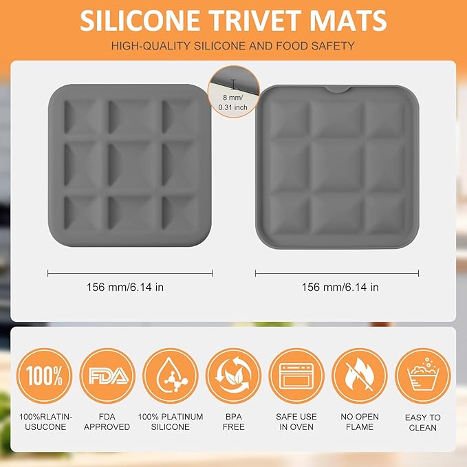 Silicone Trivets for Hot Pots and Pans, Pot Holders Hot Pads 6 Pack Silicone Mats for Kitchen Counter, Soft Durable Drying Mat, Jar Opener and Coasters (Gray)