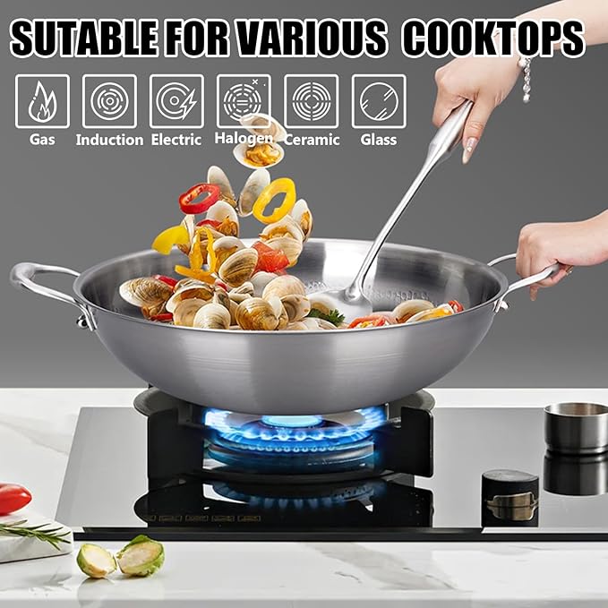 12.6 Inch Titanium Hammered Wok with Double Handles, Frying Pans Nonstick, Non-Stick Wok, Scratch-Resistant Non Stick Titanium Pans for Cooking,with lid 12.6in