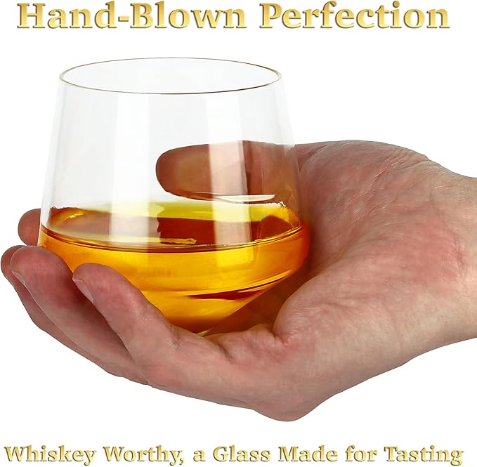 Barbuzzo Rolling Whiskey Glasses (Set of 2) – Hand-Blown Stemless Whiskey Glasses That Roll for Better Aeration – Perfect for a Variety of Spirits, Malts, Highballs and Cocktails – Holds 6.3 Ounces