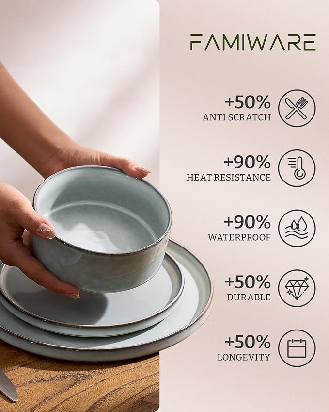 Famiware Annecy Plates and Bowls Sets, 12 Pieces Dinnerware Sets, Microwave and Dishwasher Safe Dishes Set for 4, Chip and Scratch Resistant, Grey-Blue
