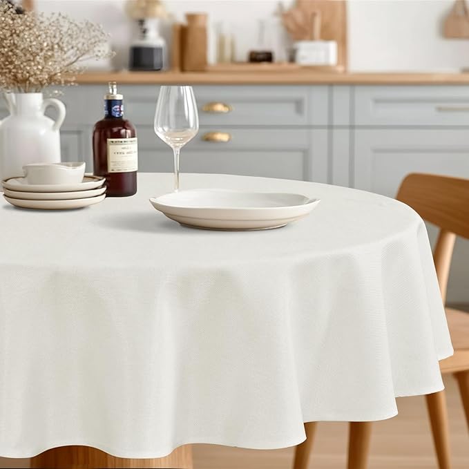 JIUZHEN Round Textured Table Cloth Linen Wrinkle Free Stain Resistant Farmhouse Decorative Circular Tablecloth for Kitchen, Dining, Party, Wedding, Outdoor Use (50 Inch Round,White)