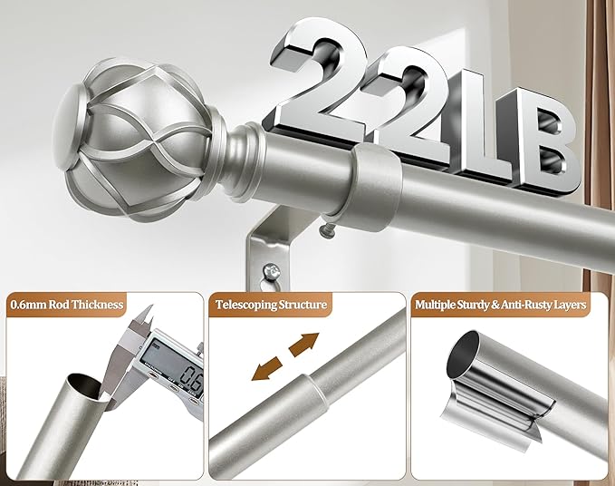 Curtain Rods 2 Pack, HOTOZON Curtain Rods for Windows 28 to 48 Inch, Adjustable Heavy Duty Drapery Rod 32 to 43 Inch with Netted Texture Finials, Antique Silver
