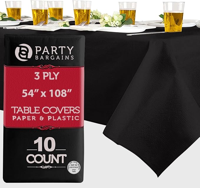 PARTY BARGAINS Disposable Table Covers, 54 x 108 Inch, Black, 3-Ply Paper & Plastic Spill-Resistant Party Tablecloths, 10 Pack