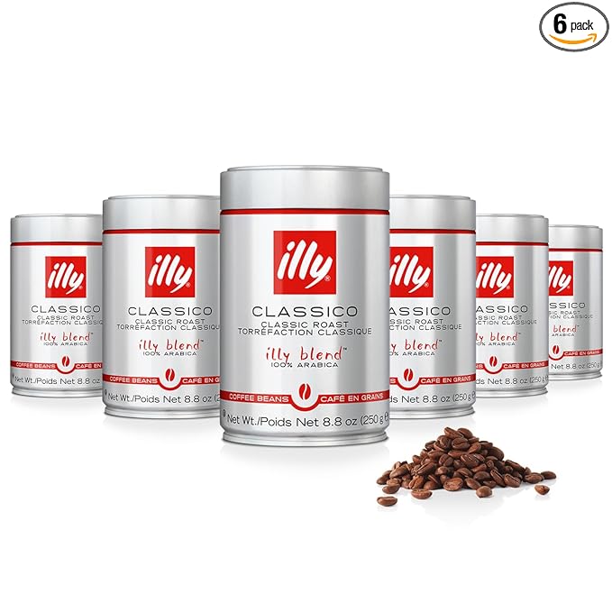 illy Whole Bean Coffee, Classico Medium Roast, 100% Arabica, Premium Italian Coffee, Ideal for Espresso, Drip, Moka and French Press Brewing, 8.8oz, 6 Pack