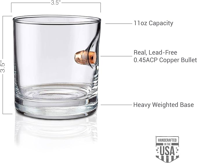 BenShot Rocks Glass with Real 0.45ACP Bullet - 11oz | Made in the USA
