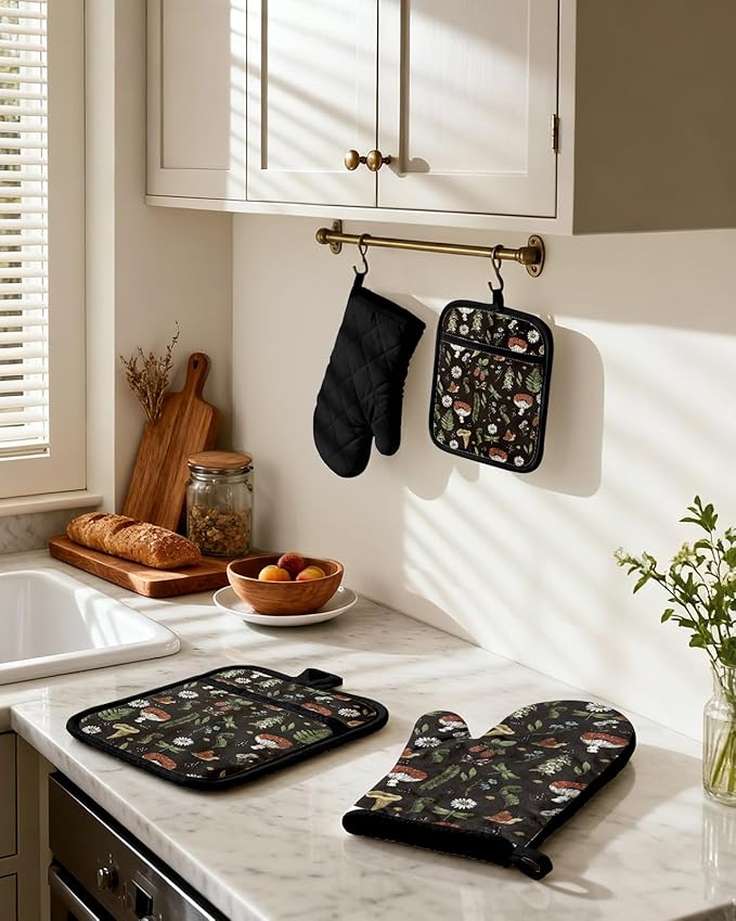 Cotton Oven Mitts and Pot Holders Sets - Quilted Lining Heat Resistant 4 Pieces Set with Hanging Loop Cute Farmhouse Boho Spring Kitchen Decor and Accessories, Black Mushroom