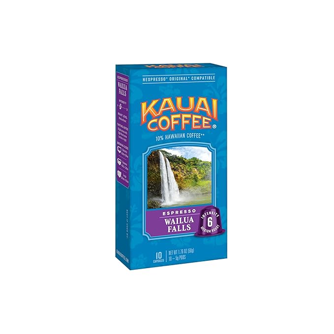 Kauai Coffee Espresso Pods Compatible with Nespresso Original Coffee Makers – Arabica Coffee, 10% Hawaiian – Medium Roast, Floral Notes & Smooth Finish – Wailua Falls, 1 Pack of 10 Espresso Pods