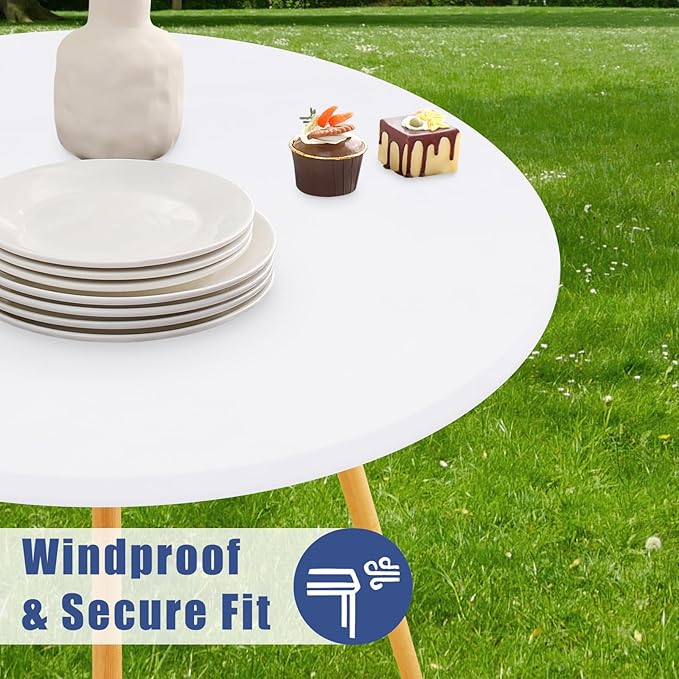 Round Spandex Tablecloth, Elastic Fitted Waterproof Tablecloths for 18"-24" Tables, Stretch Washable Picnic Table Cover for Camping, Dining, Indoor and Outdoor, White