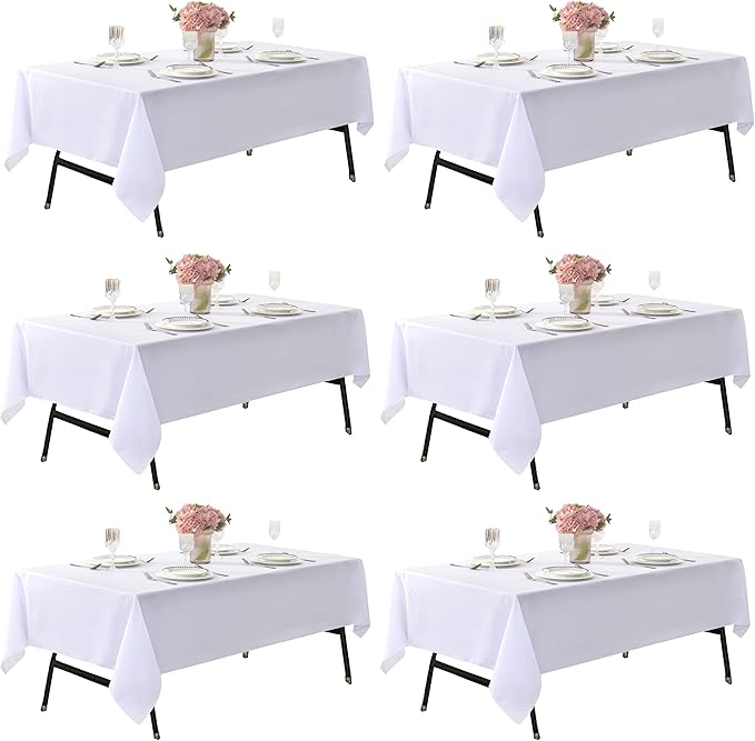 6-Pack 60x84 inch White Table Cloths, Solid Stain and Wrinkle Resistant Oblong Tablecloth, Premium Plain Weave Polyester Fabric Rectangle Table Linen Covers for Hotel, Banquet