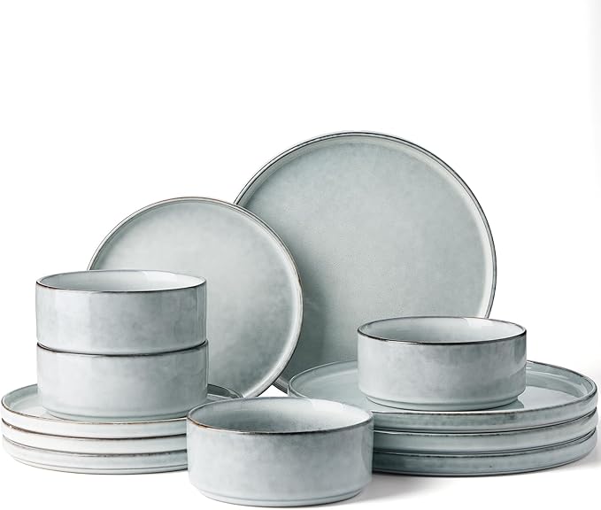 Famiware Annecy Plates and Bowls Sets, 12 Pieces Dinnerware Sets, Microwave and Dishwasher Safe Dishes Set for 4, Chip and Scratch Resistant, Grey-Blue