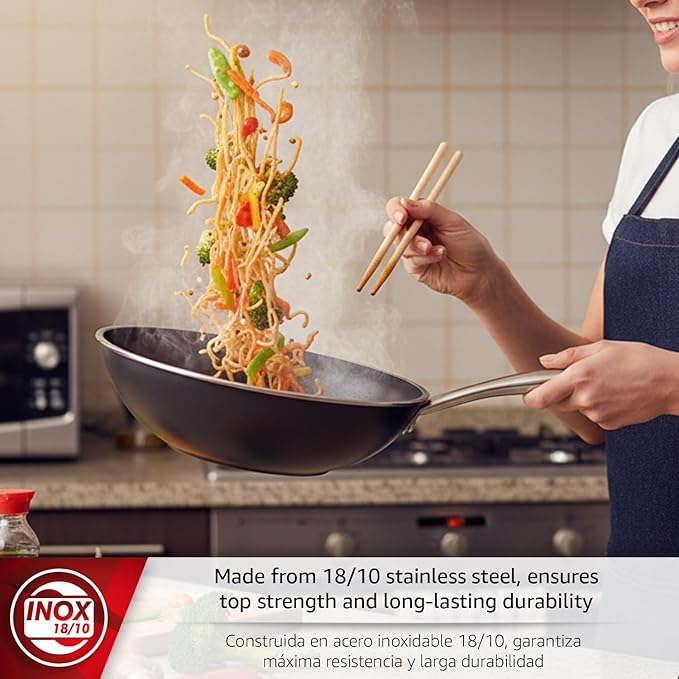 Magefesa Prisma 11-Inch Stainless Steel Wok with Triple-Layer Nonstick Coating, Induction-Compatible, Oven & Dishwasher Safe, Stir-Fry Pan