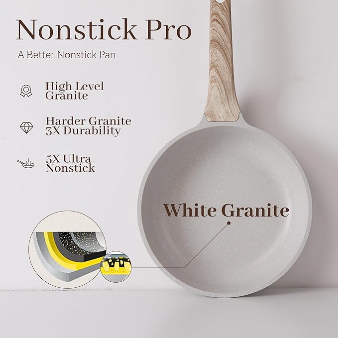 Pots and Pans Set Non Stick, 13Pcs Kitchen Cookware Sets, Granite Stone Induction Cookware Non Stick Cooking Set w/Frying Pans, Saucepans, Sauté Pan (PFOA Free), Cream White