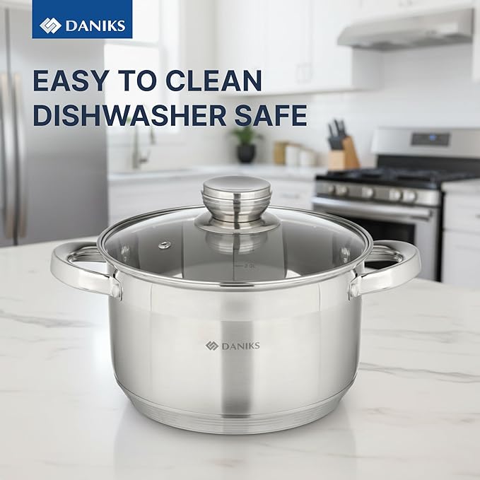 Daniks Standard 4 Quart Stainless Steel Stock Pot with Glass Lid, Tri-Ply Bottom for Even Heating, Induction Compatible, Dishwasher Safe, Built-In Measuring Scale, Silver