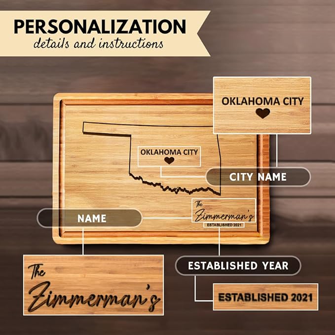 State Shaped Cutting Board - Oklahoma Destination Gifts, Wooden States Bamboo Boards, USA Map Decor for Home