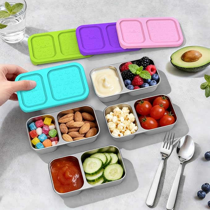 SOPHICO Stainless Steel 2 compartments Containers, Reusable Snack Containers with Silicone Lids Lunch Box for Meal Prep Food Storage On-the-Go Snacking(4 pack)