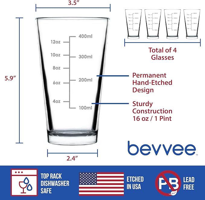 Bevvee Mixing Glass Measuring Cup - Pint Glass for Bar - Engraved Measurement Lines for Cocktails & Portion Control - Ounces and Metric - Set of 4-16 oz Glasses