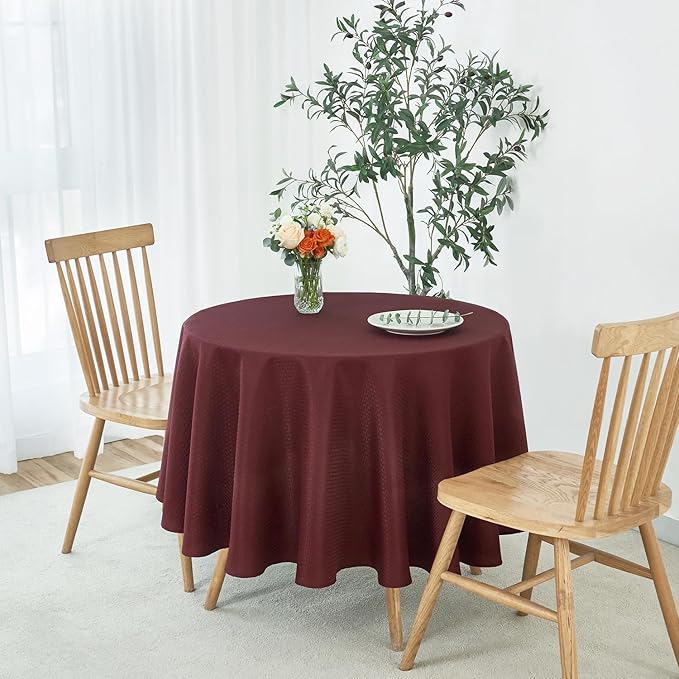 maxmill Round Weaved Texture Design Tablecloth Spill-Proof Wrinkle Free Soft Washable Table Cloth for Circular Table Cover, for Dining Room Buffet Banquet Parties Holiday Dinner, 70 Inch Burgundy