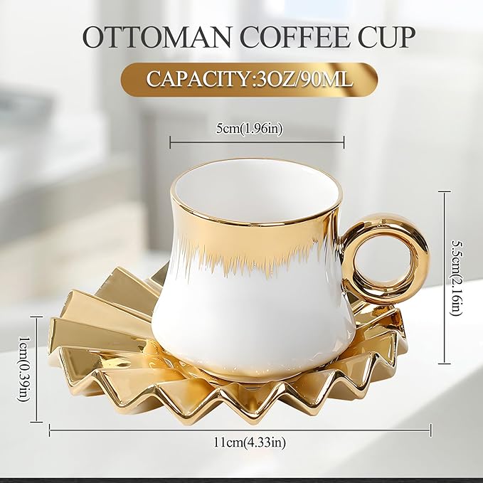 AstraLoom Turkish Coffee Cup Set - 6 Small 3oz Ceramic Demitasse Cups with Saucers, Gold-Plated Rim, for Espresso & Turkish Coffee
